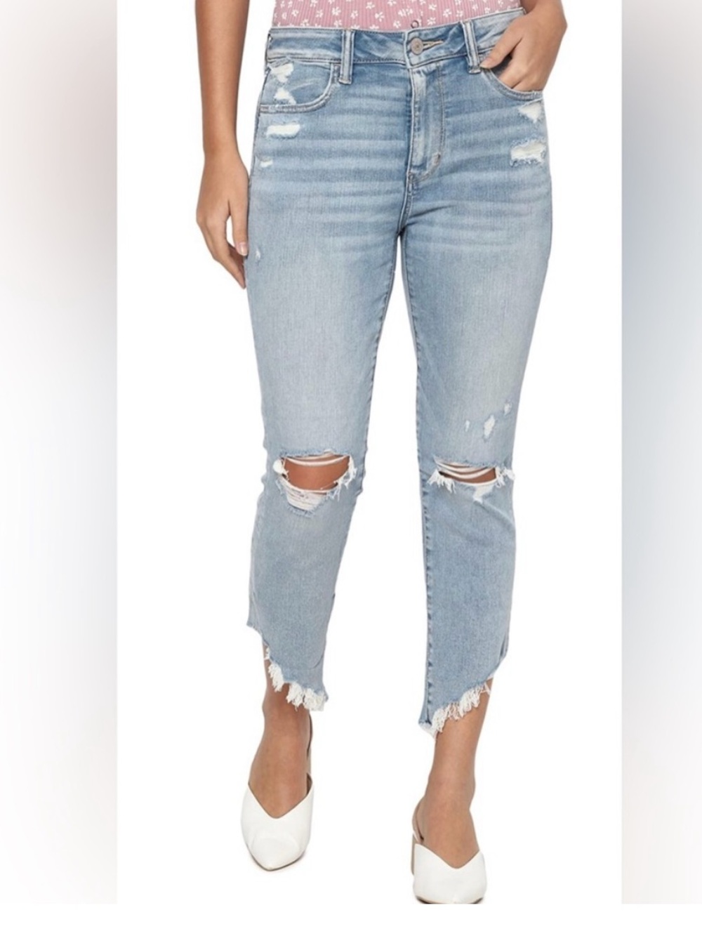 ❗️AEO Hi Rise Jegging Crop Next Level Stretch Acid Wash Distressed Jeans